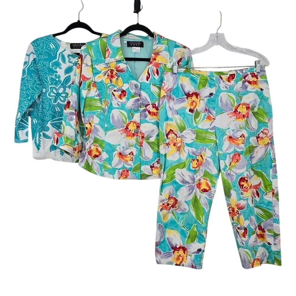 Christina Hope Petite 3pc Set Floral Orchid Blazer Cropped Pants Sequin Top L 16